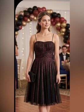 Formal Y2K Metallic Rose Striped Tulle A-Line Dress Black Vampire Goth Midi